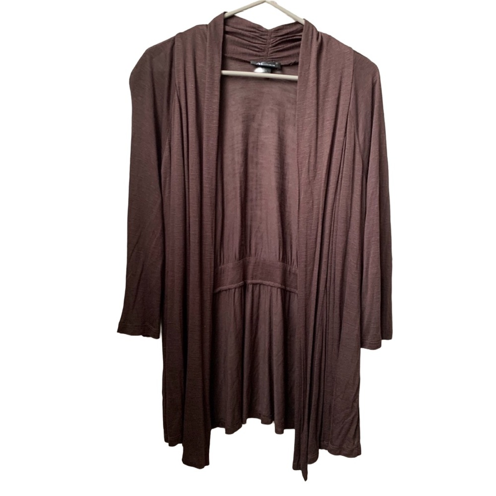 AB STUDIO Chocolate Brown Rayon 3/4 Sleeve Open Front Banded Waist Cardigan